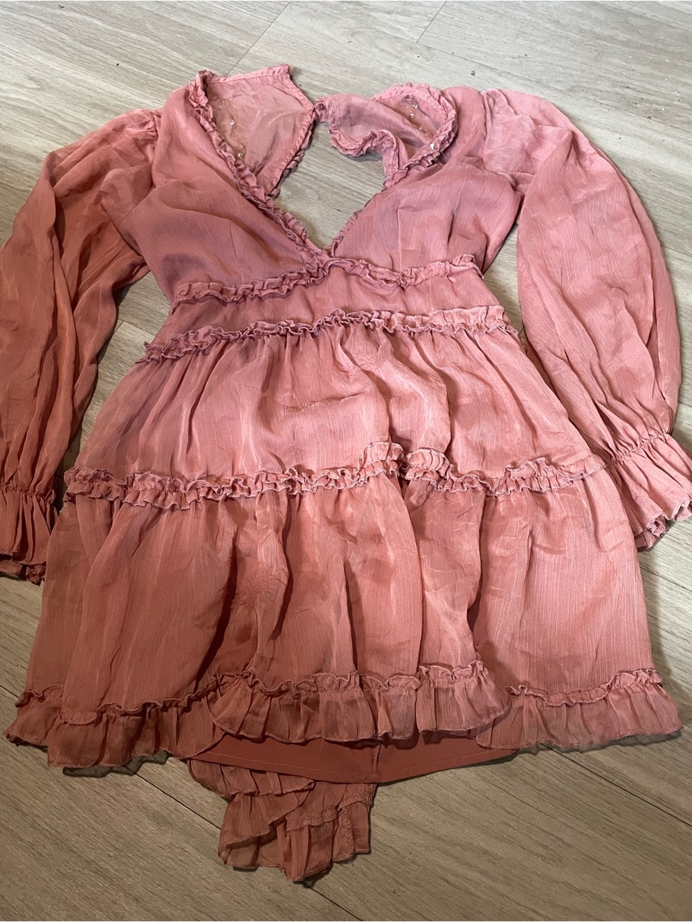 Fashion Nova Dusty Rose Ruffle Tiered Long-Sleeve Dress